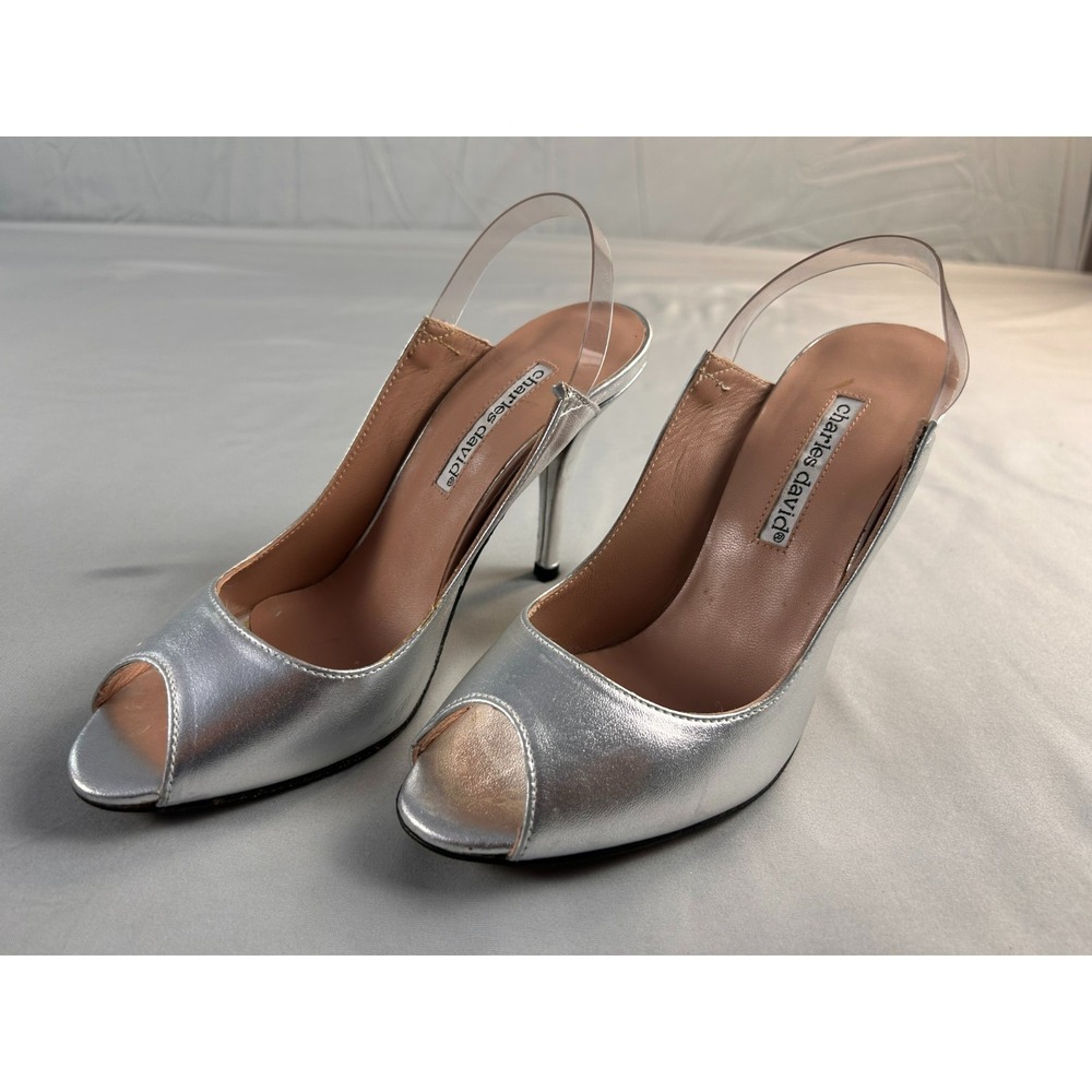 Charles David Amelie Women Heels Slingback 6.5 Silver Peep Toe Leather Spain - Picture 2 of 13